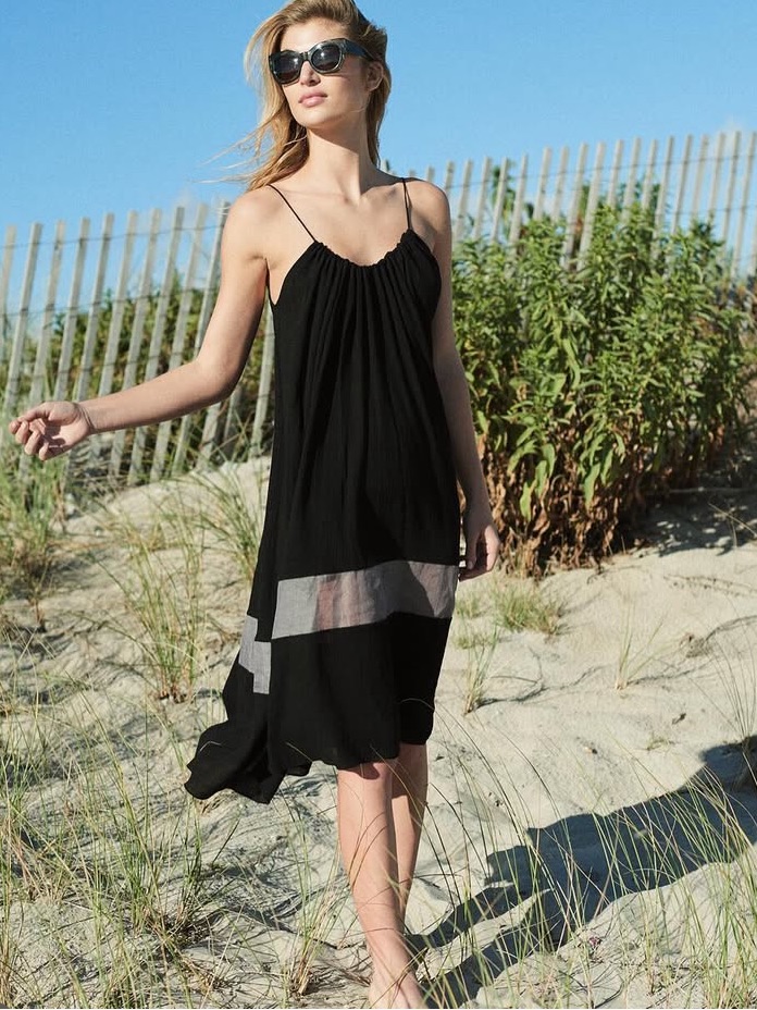 Pondichrie Sita Shoulder-Tie Dress, Cotton / Linen, Black / Gray, One Size